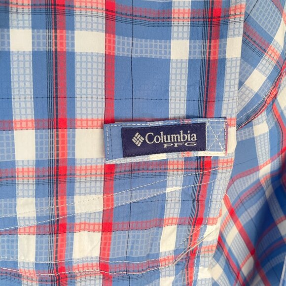 Columbia PFG Men's blue & red PFG loop collar camp fishing shirt Mint Cond L - Picture 3 of 8